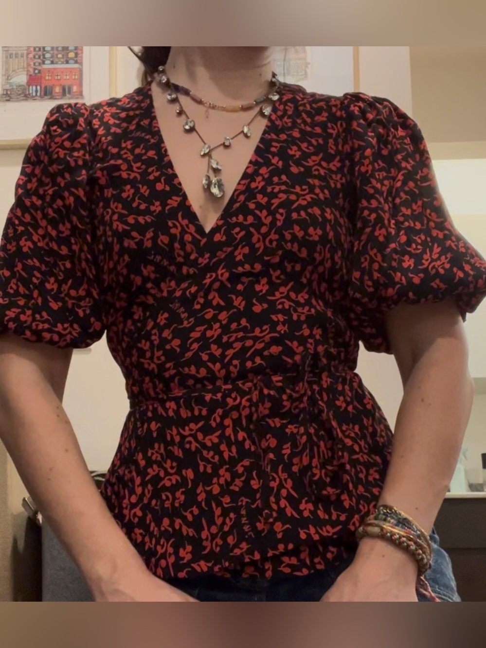 Ganni Wrap-Style Women's top with Red Leaf Print